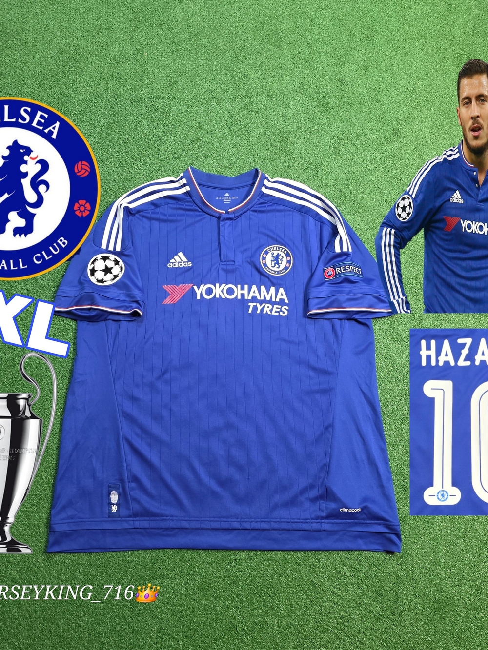 Adidas Chelsea FC Eden Hazard #10 2015/2016 Home Blue Jersey UCL Patches Rare